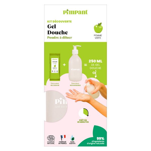 Pimpant -- Kit découverte Gel douche pomme verte poudre à diluer - 1 bouteille + 1 recharge